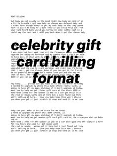 a black and white photo with the words celebrity gift card billing format on it