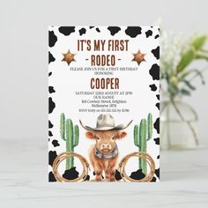 a baby shower card with a cow wearing a cowboy hat