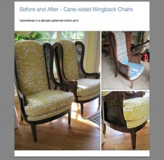 before and after - caned wingback chairs with upholstered cushions