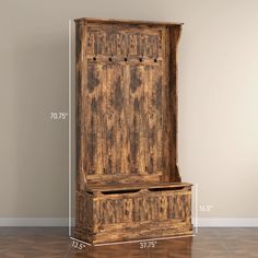 a wooden bench with two drawers and measurements