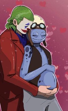 an image of a woman hugging a man with green hair and glasses on her face