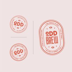 the logo for odd brew is shown in three different colors and font styles, including red