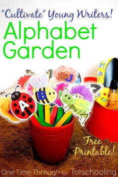 a bucket full of magnets with the words, celebrate young writer's alphabet garden