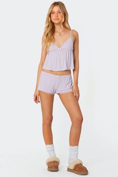 Buffy Babydoll Tank Top – edikted Edikted Tops, Purple Top Outfit, Babydoll Tank Top, Cute Pajama Sets, Babydoll Tank, Lace Trim Shorts, Cute Pajamas, Loungewear Sets, Loungewear Shorts