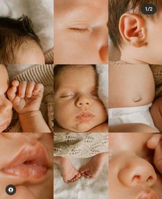 a collage of photos showing different stages of sleeping baby's head and body