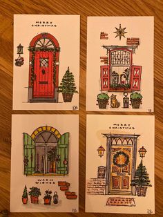 four christmas cards with the doors to different houses and trees on them, all decorated in holiday colors