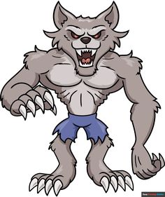 a cartoon wolf with big teeth and blue shorts