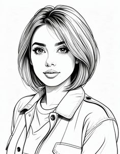 a black and white drawing of a woman's face with short hair, wearing a jacket