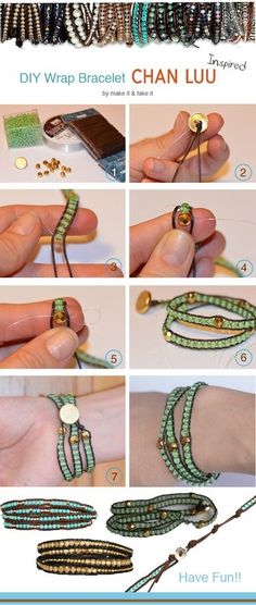 instructions for making beaded bracelets with green and white beads, including two hands