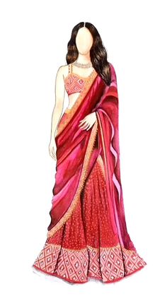 a drawing of a woman in a red and pink sari with gold trims