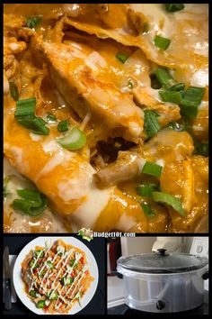 the collage shows several different types of food in this photo, including chicken and cheese