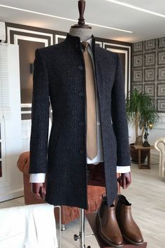 Joyce Black Striped Stand Collar Single Breasted Slim Fit Wool Jacket😀 Turtle Neck Formal Outfit, Formal Suits Men, Mens Wool Coats, Clean Clothes, Cyberpunk Clothes, Business Jacket, Classy Suits, Mens Blazer, Classy Outfits Men