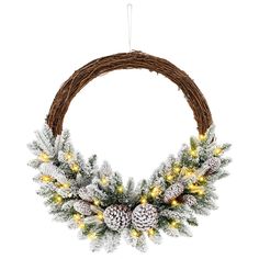 a christmas wreath with pine cones and lights