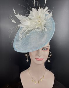 Powder Blue W Ivory Sinamay Disc Fascinator Hat With Jumbo Goose Feather Flower and Silk Flower - Etsy Blue Sinamay Fascinator For Wedding, Elegant Flower Fascinator For Royal Ascot, Elegant Flower Shape Fascinator For Races, Elegant Flower Mini Hat For Kentucky Derby, Elegant Mini Flower Hat For Kentucky Derby, Elegant Mini Flower Hats For Kentucky Derby, Blue Sinamay Fascinator For Kentucky Derby, Elegant Flower Mini Hat For Royal Ascot, Elegant Flower-shaped Adjustable Costume Hat