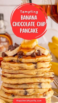 a stack of pancakes with chocolate chips on top and the words tempting banana chocolate chip pancake