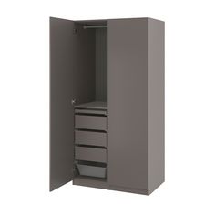 an open gray cabinet with drawers on both sides