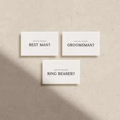 three pieces of paper with the words best man, ring bearer and groomsman on them