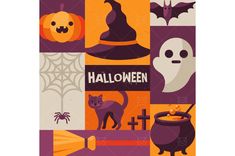 halloween poster with pumpkins, witches and other items in purple orange and green colors