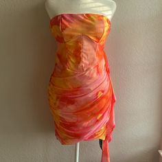 Bought To Wear For A Vacation But Didn’t End Up Wearing It! Spring Orange Strapless Mini Dress, Fitted Pink Strapless Dress For Vacation, Pink Fitted Strapless Summer Dress, Shein Dress, Vacation Dresses, Pink And Orange, Strapless Dress, Colorful Dresses, Orange