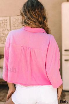 Fisdy - Camisa corta arrugada con medias mangas Solid Color Shirt, Flounce Sleeve, Color Rosa, Crop Shirt, Sleeve Detail, Style Elegant, Half Sleeve, Half Sleeves, Sleeve Styles