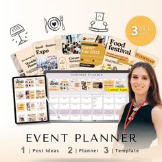 a woman standing in front of an event planner with the words event planner on it