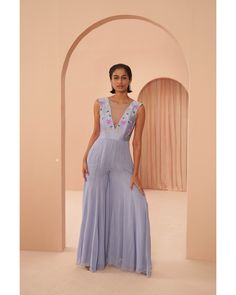 Very Peri Jumpsuit | Lavender Jumpsuit | Parul Gandhi – B Anu Designs Fitted Embroidered Jumpsuit For Festive Occasions, Embroidered Fitted Jumpsuits And Rompers For Festive Occasions, Festive Embroidered Fitted Jumpsuits And Rompers, Elegant Embroidered Jumpsuits And Rompers For Party, Elegant Embellished Jumpsuits And Rompers For Spring, Floral Embroidered Jumpsuits And Rompers For Summer Parties, Summer Party Jumpsuits And Rompers With Floral Embroidery, Jumpsuit Saree, Lavender Jumpsuit