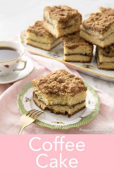 coffee cake on a plate with a cup of coffee in the background and a pink napkin