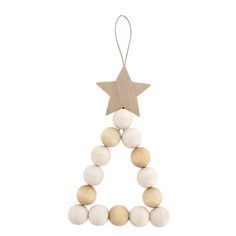 a wooden christmas tree ornament with white balls and a star hanging from the top