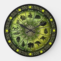 a green clock with trees on it's face and yellow balls in the middle