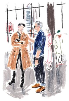 a drawing of two people standing next to each other in front of a store window