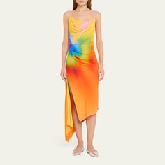 Monse rainbow orchid slip dress with draped detail Scoop neckline Spaghetti straps Midi length Bias-cut silhouette Asymmetric hem Polyester Dry clean Imported Asymmetric Hem, Scoop Neckline, Midi Length, Spaghetti Strap, Favorite Color, Orchids, Slip Dress, Tops Designs, Rainbow