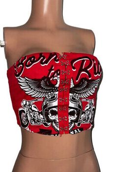 Y2K Bike week Red Strapless Hook Up Eagle Biker Crop Top Nwt Bikercore Baddie  | eBay Baddie Crop Top Outfits, Y2k Red Top For Club, Edgy Red Tops For Club, Edgy Red Crop Top For Summer, Fitted Sleeveless Biker Top, Red Y2k Shirt, Bike Pattern, Cherry 11s, Fits Baddie