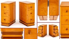 several different views of a wooden dresser with drawers and pulls on each side, from the top to the bottom