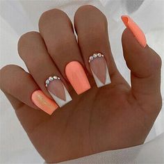 Simple Designs On Short Nails, August Nails Ideas Square, Brown Nails Art, Orange Acrylic Nails, Brown Nail Art, Square Press On Nails, Multicolored Nails, Fab Nails, August Nails