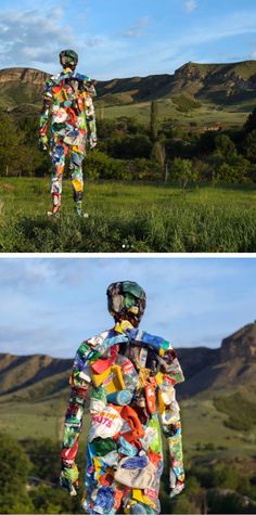 two pictures of the same person in different outfits, one is covered with plastic bottles