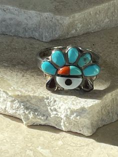 Vintage Native American Zuni Sterling Silver Turquoise Coral Sunface Cluster Ring Size 5.75 Coral Turquoise, Silver Turquoise, Cluster Ring, Turquoise Sterling Silver, Native American, Coral, Ring Size, Turquoise, Sterling Silver