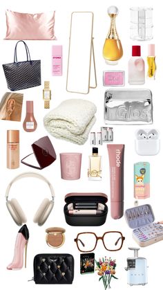 the contents of a woman's purse are arranged on a white background with pink accents