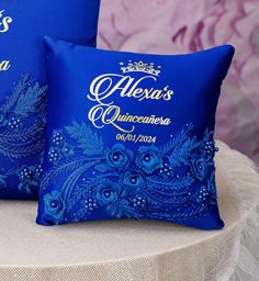 Royal blue quinceanera tiara pillow Royal Blue Ball Gown For Quinceanera, Quinceanera Guest Book, Royal Blue Quince, Royal Blue Quinceanera, Quince Decor, Quinceanera Bouquet, 15 Candles, Quinceanera Tiaras, Cake Knife Set