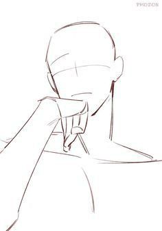 a drawing of a person holding their hand up to their face