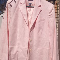 100% Linen Fully Lined Vintage Soft Pretty Pink Measurements In Pictures Excellent Condition Classic Pink Blazer For Spring, Preppy Long Sleeve Spring Blazer, Preppy Fitted Spring Blazer, Classic Pink Cotton Outerwear, Classic Pink Summer Blazer, Classic Pink Spring Blazer, Blush Blazer, Vintage Pink Outerwear With Pockets, Pink Single-breasted Blazer With Notch Lapel