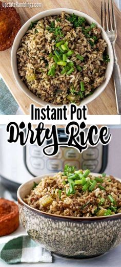 instant pot dirty rice in a bowl next to an instant pot pressure cooker