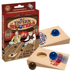 two wooden game pieces with blue balls in front of the box and an image of tavern shoters