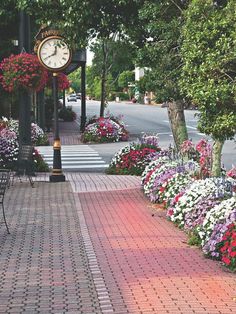 a clock on the side of a street next to flowers and chairs with trees in the background