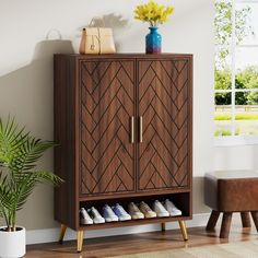 a wooden cabinet with two doors and shoes on it next to a potted plant