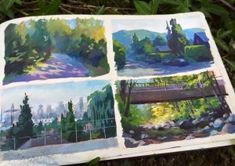 four different pictures of trees and buildings on a book with watercolor pencils in it