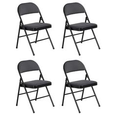 four black folding chairs on white background