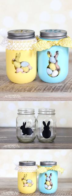 three jars with painted easter eggs in them and the lids have bunny ears on them