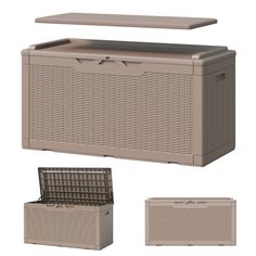 an outdoor storage box with the lid open and two shelves above it, both side by side