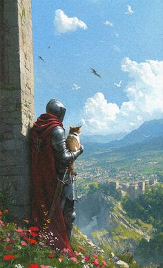 a painting of a man in armor holding a cat on top of a hill overlooking a city