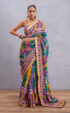 Torani-Satrangi Shamiyana Saree With Bralette-INDIASPOPUP.COM Purple Cotton Saree, Anushka Wedding, White Saree Wedding, Brown Cotton Pants, Organza Jacket, Sarees Traditional, Blouse Yoke, Indian Mythology, Set Saree